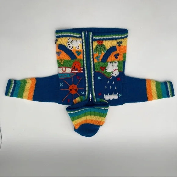 Handmade Knit Sweater Hoodie Baby Infant 0-6 Mos Folk Art Farm Animals Full Zip - Picture 3 of 9